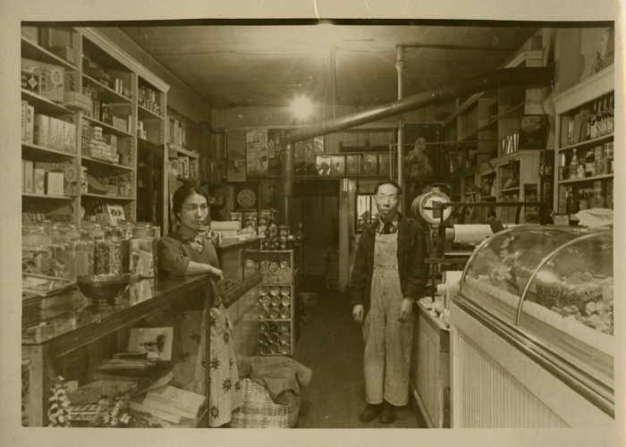 Cho and Jinzo Yamamoto in their new Japanese market in Spokane, 1934.