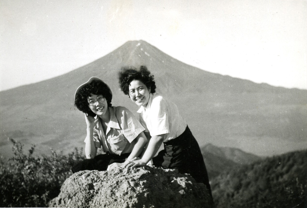 Yuki with her friend Shizko Woda at Mitsu-Toge (Mount Fuji is in the background).