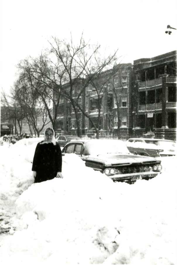 In 1967, Yuki and Fumi exchanged photographs of their respective blizzards — one in Chicago and one in Tokyo. Cho stands amid the snow in Chicago.